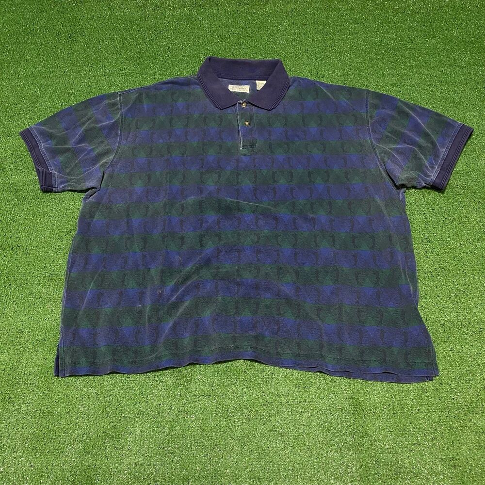 Vintage 90s St. Johns Bay Striped Golf Polo Shirt XXL Blue Green Argyle Knit